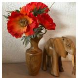 D - CARVED ELEPHANT, VASE WITH FAUX FLOWERS (K34)