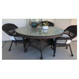 D - WICKER TABLE WITH GLASS TOP & THREE CHAIRS