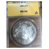 1881-S MORGAN SILVER DOLLAR MS64