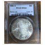 1881-S MORGAN SILVER DOLLAR MS64