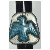 STERLING SILVER BOLO TIE TURQUOISE THUNDERBIRD