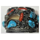 NAVAJO STERLING SILVER TURQUOISE / RED CORAL