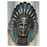 STERLING SILVER INDIAN CHIEF RING TURQUOISE CORAL