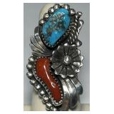 STERLING SILVER TURQUOISE CORAL RING 13.7 GRS