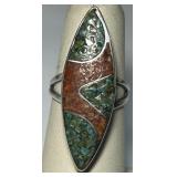 STERLING SILVER TURQUOISE CORAL RING 6.9 GRS