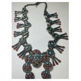 STERLING SILVER TURQUOIISE/ CORAL SQUASH BLOSSOM