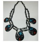 NAVAJO STERLING SILVER TURQUOISE/CORAL NECKLACE