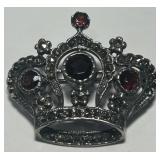 STERLING SILVER GARNET MARCASITE CROWN BROOCH 8.7G