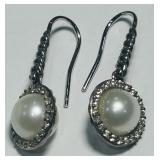 STERLING SILVER PEARL/ DIAMOND EARRINGS 3.8 GRS