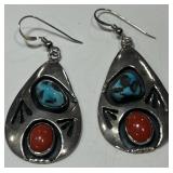STERLING SILVER TURQUOISE/CORAL EARRINGS 14.3 GRS