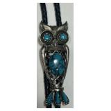 VINTAGE BOLO TURQUOISE OWL STERLING SILVER 38 GRS