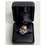 NAVAJO TURQUOISE CORAL SILVER RING - HANDMADE