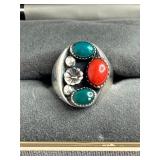 VINTAGE NAVAJO STERLING SILVER CORAL TURQUOISE