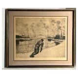 LARGE ANTIQUE ETCHING 'THE HAULER ON THE SAMBRE'