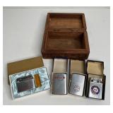 LOT OF VINTAGE NOS LIGHTERS IN HANDCARVED BOX