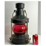 LARGE ANTIQUE KEROSENE LANTERN WITH RED BLOWN