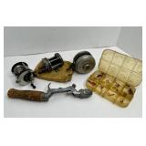 LOT OF VINTAGE FLY FISHING REELS, FLYS - OLD