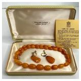 VINTAGE AMBER NECKLACE & EARRINGS IN ORIGINAL BOX
