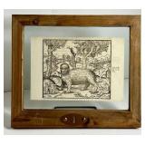 FRAMED 16TH C  WOOD BLOCK BOOK PRINT OF STRANGE