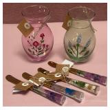 43 - HANDPAINTED FLORAL GLASS VASE SET