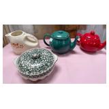 71 - VINTAGE WATER PITCHER, TEAPOTS & COVERED DISH