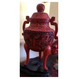 R - CARVED CINNABAR URN (O55)