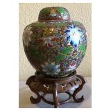 R - CHINESE CLOISONNE GINGER JAR & STAND 10.5'T