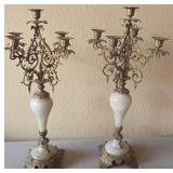 R - PAIR OF BRONZE & MARBLE CANDELABRA (P10)