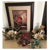 W - FRAMED ART, FAUX FLOWERS, CANDLE HOLDERS
