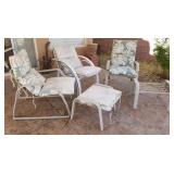 W - THREE PATIO CHAIRS, CUSHIONS, FOOTSTOOLS