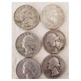 LOT OF 6 - WASHINGTON SILVER 25C COINS (C108)