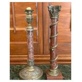 R - TWO MARBLE & BRONZE CANDLE STICKS MAX 14.5'T