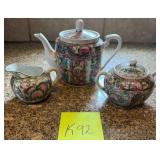 R - CHINESE ROSE MEDALLION TEAPOT, CREAMER & SUGAR
