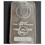 FIVE TROY OUNCES FINE SILVER 999+ (916 C)