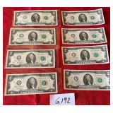 487 - EIGHT PIECES US $2 BILLS (G192)