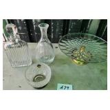 487 - VINTAGE DECANTERS, CAKE PLATE, BOWL (A79)
