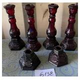 487 - SIX PIECES AVON RUBY RED GLASS CANDLESTICKS
