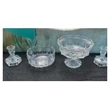 487 - FOSTORIA COIN GLASS CANDLESTICKS, BOWLS