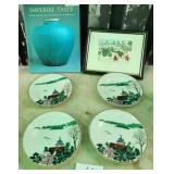 487 - CHINESE CERAMICS BOOK, FRAMED ART, PLATES