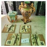 487 - TEA CANISTER, PORCELAIN VASE, WALL PLAQUES