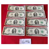 487 - EIGHT COLLECTIBLE US $2 BILLS (G196)