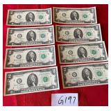 487 - EIGHT COLLECTIBLE US $2 BILLS (G197)
