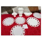 11 - COLLECTIBLE MILK GLASS PLATES, VASES (C40)