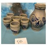 11 - BLUE SALT GLAZE STONEWARE PITCHER & TUMBLERS