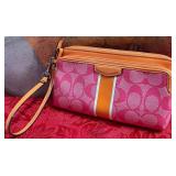 COACH PINK, ORANGE STRIPE, ZIP AROUND WRISTLET
