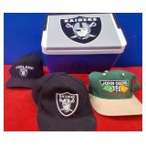 N - RAIDERS & JOHN DEERE HATS & COOLER