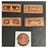 LOT OF FOUR 1 OZ COPPER BARS & ONE 1/2 OZ COIN
