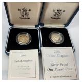 Q -TWO UNITED KINGDOM ONE POUND PROOF SILVER COINS