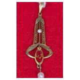Q - ART NOUVEAU 10K RUBY/ PEARL PENDANT (W10)