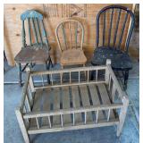 Q - VINTAGE WOODEN CHAIRS & AND BABY BED (G53)